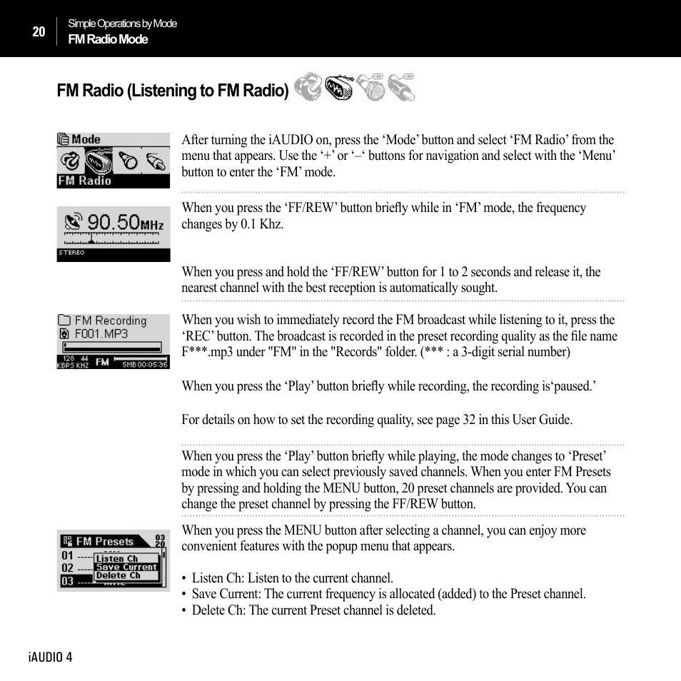 Fm radio (listening to fm radio) | Cowon Systems IAUDIO 4 User Manual | Page 20 / 73
