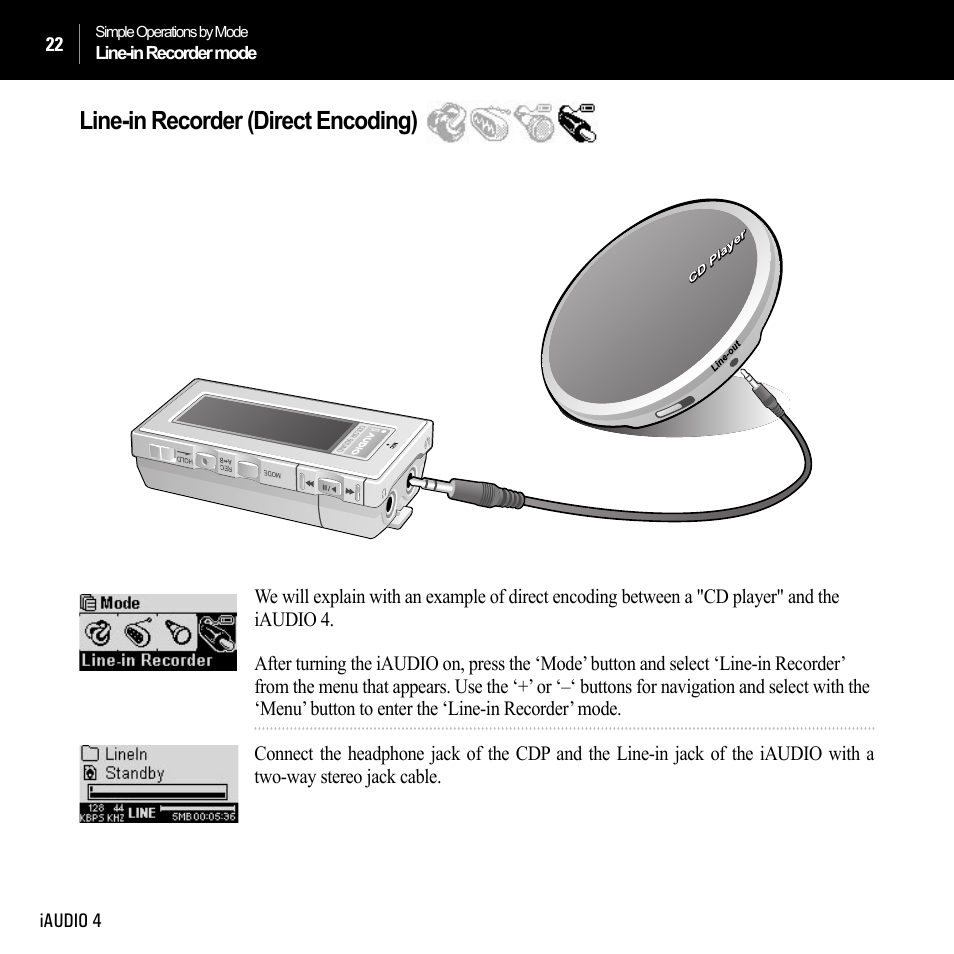 Line-in recorder (direct encoding) | Cowon Systems IAUDIO 4 User Manual | Page 22 / 73