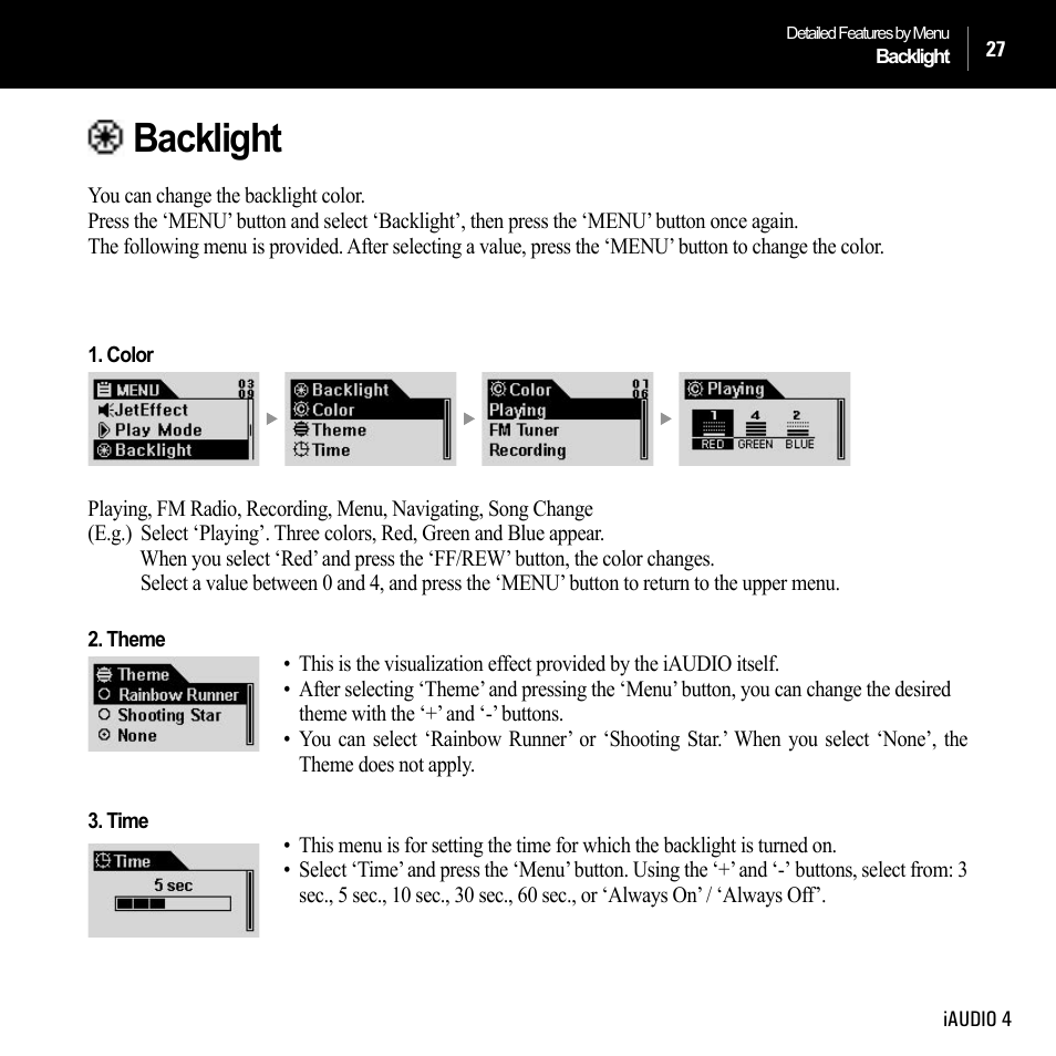 Backlight | Cowon Systems IAUDIO 4 User Manual | Page 27 / 73