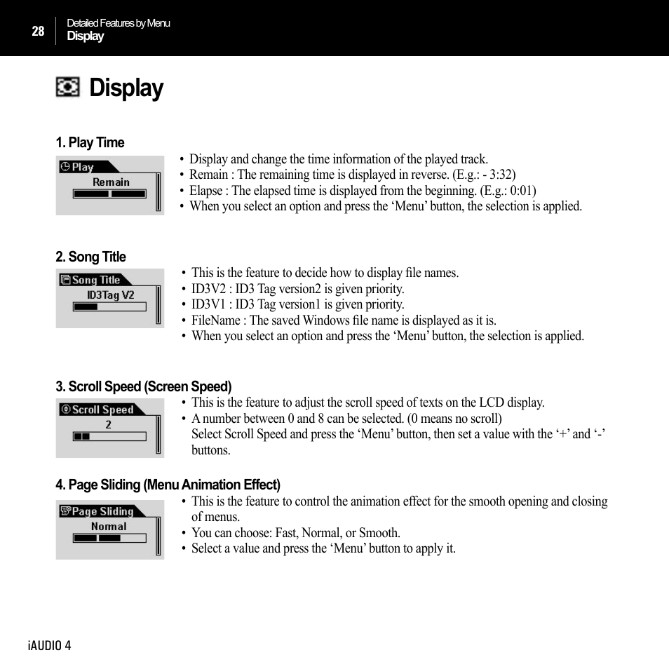 Display | Cowon Systems IAUDIO 4 User Manual | Page 28 / 73