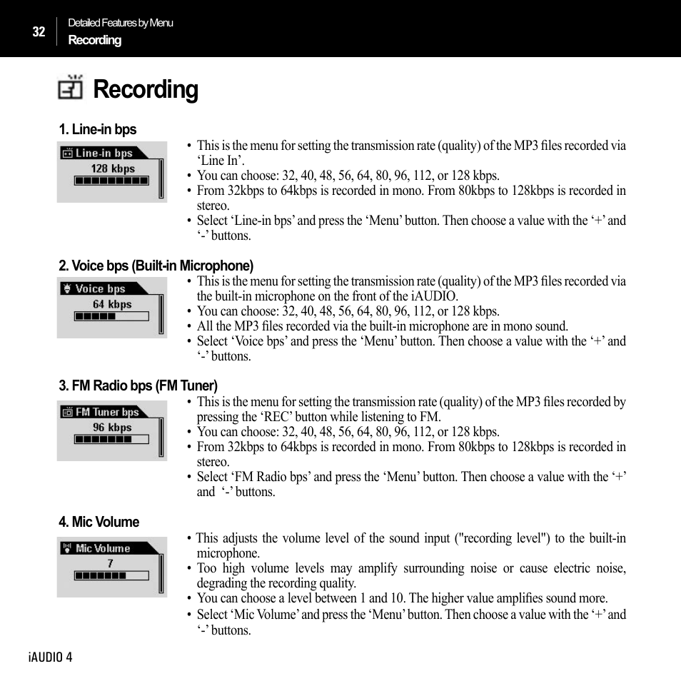 Recording | Cowon Systems IAUDIO 4 User Manual | Page 32 / 73