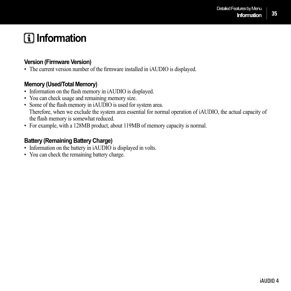 Information | Cowon Systems IAUDIO 4 User Manual | Page 35 / 73