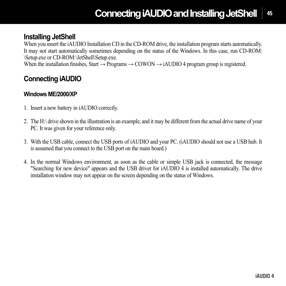 Connecting iaudio and installing jetshell, Installing jetshell, Connecting iaudio | Cowon Systems IAUDIO 4 User Manual | Page 45 / 73