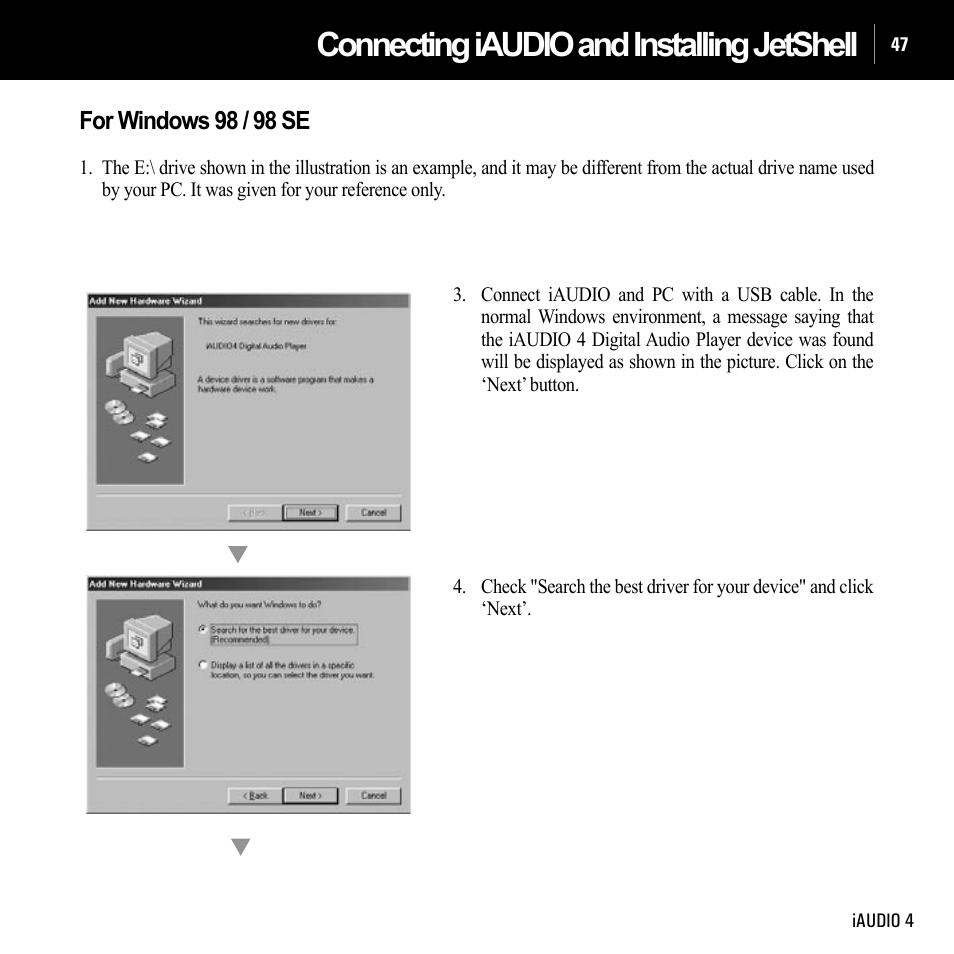 Connecting iaudio and installing jetshell, For windows 98 / 98 se | Cowon Systems IAUDIO 4 User Manual | Page 47 / 73