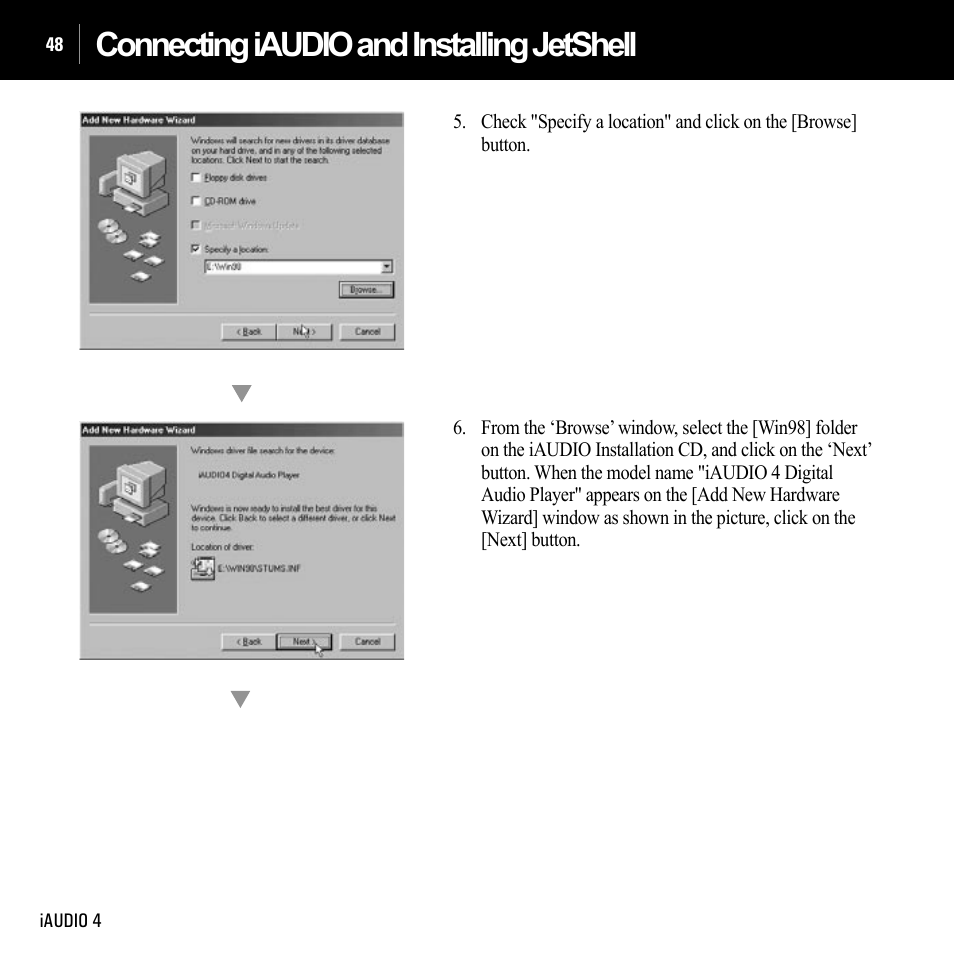 Connecting iaudio and installing jetshell | Cowon Systems IAUDIO 4 User Manual | Page 48 / 73