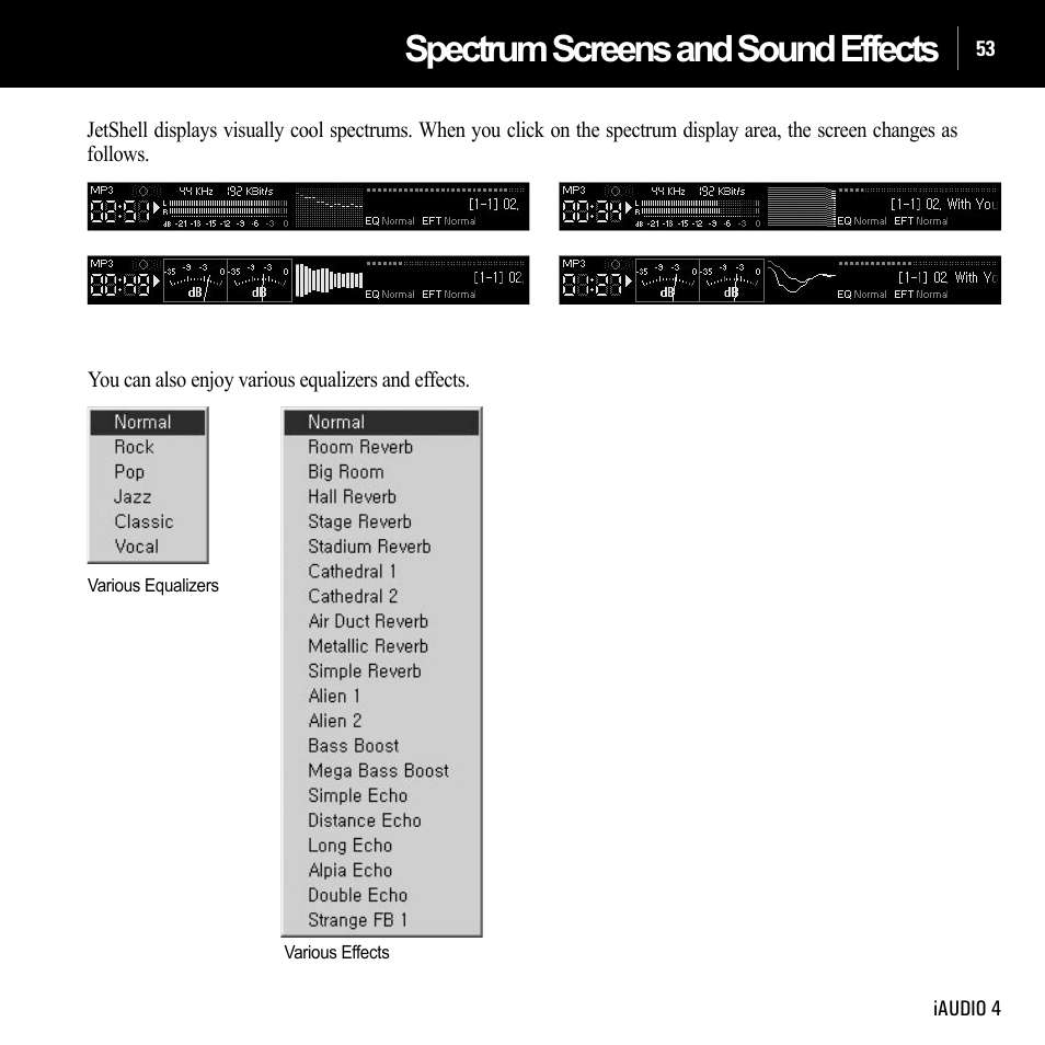 Spectrum screens and sound effects | Cowon Systems IAUDIO 4 User Manual | Page 53 / 73