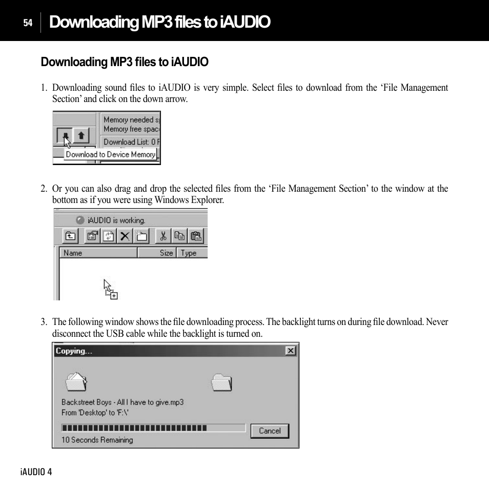 Downloading mp3 files to iaudio | Cowon Systems IAUDIO 4 User Manual | Page 54 / 73