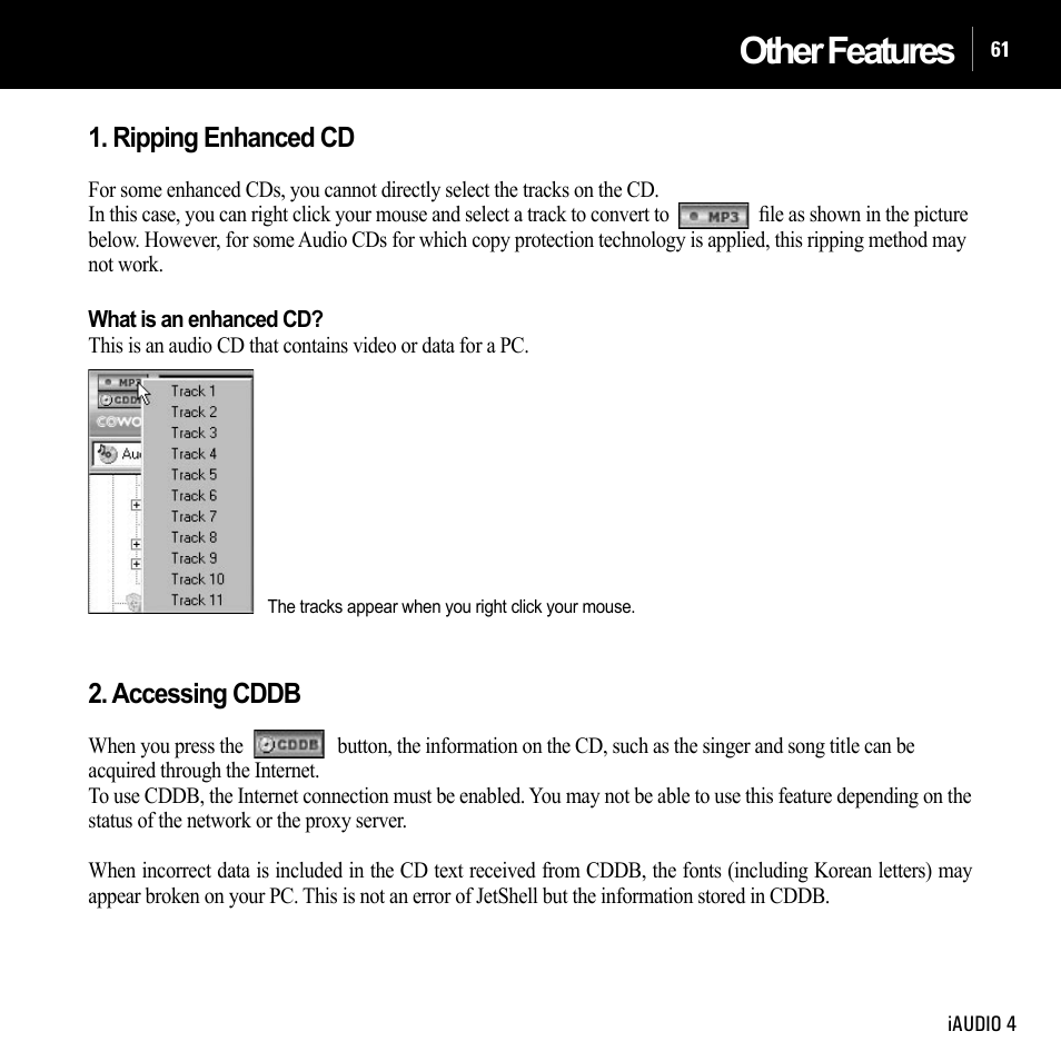 Other features, Ripping enhanced cd, Accessing cddb | Cowon Systems IAUDIO 4 User Manual | Page 61 / 73
