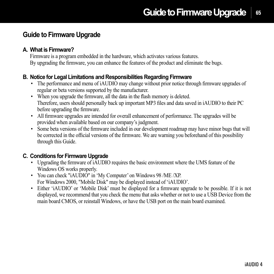 Guide to firmware upgrade | Cowon Systems IAUDIO 4 User Manual | Page 65 / 73
