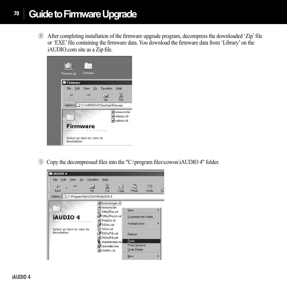 Guide to firmware upgrade | Cowon Systems IAUDIO 4 User Manual | Page 70 / 73