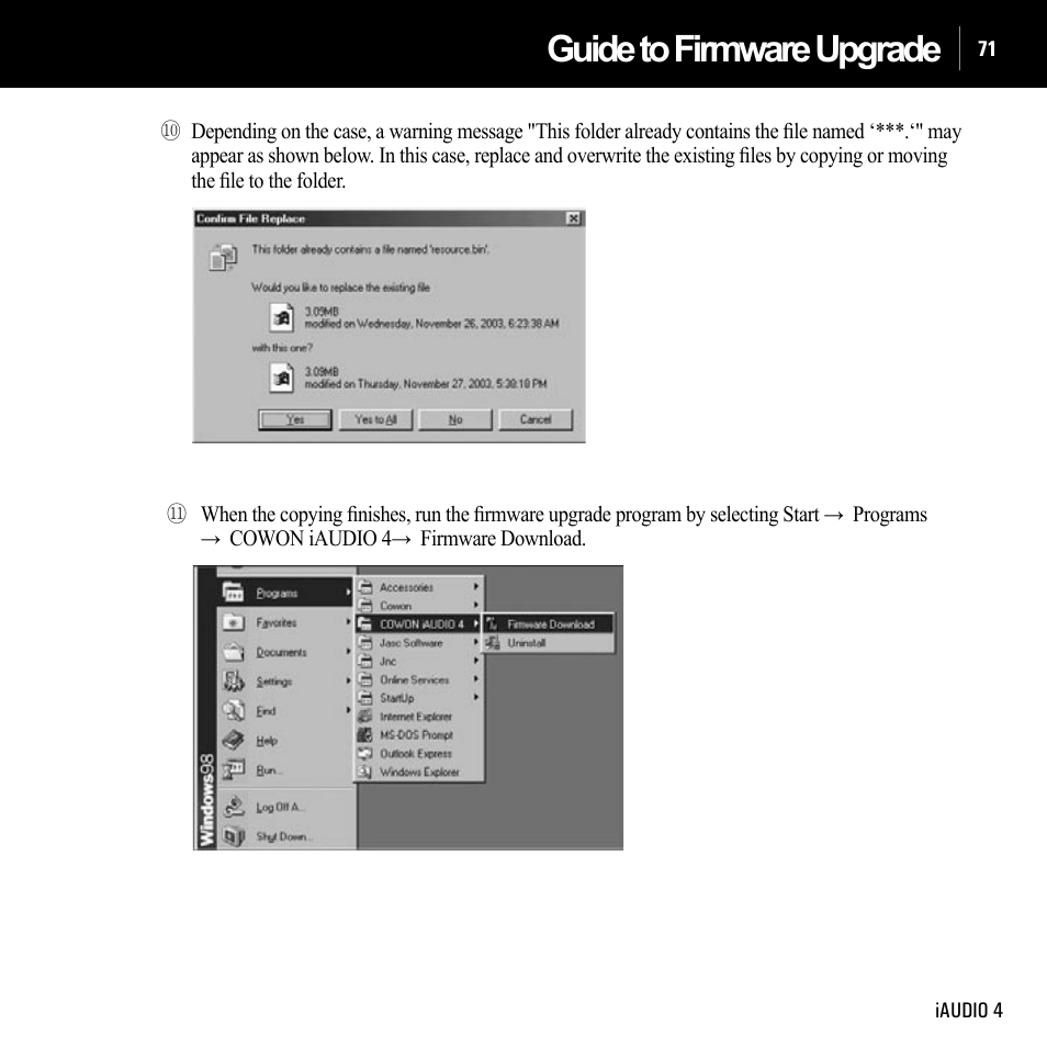 Guide to firmware upgrade | Cowon Systems IAUDIO 4 User Manual | Page 71 / 73