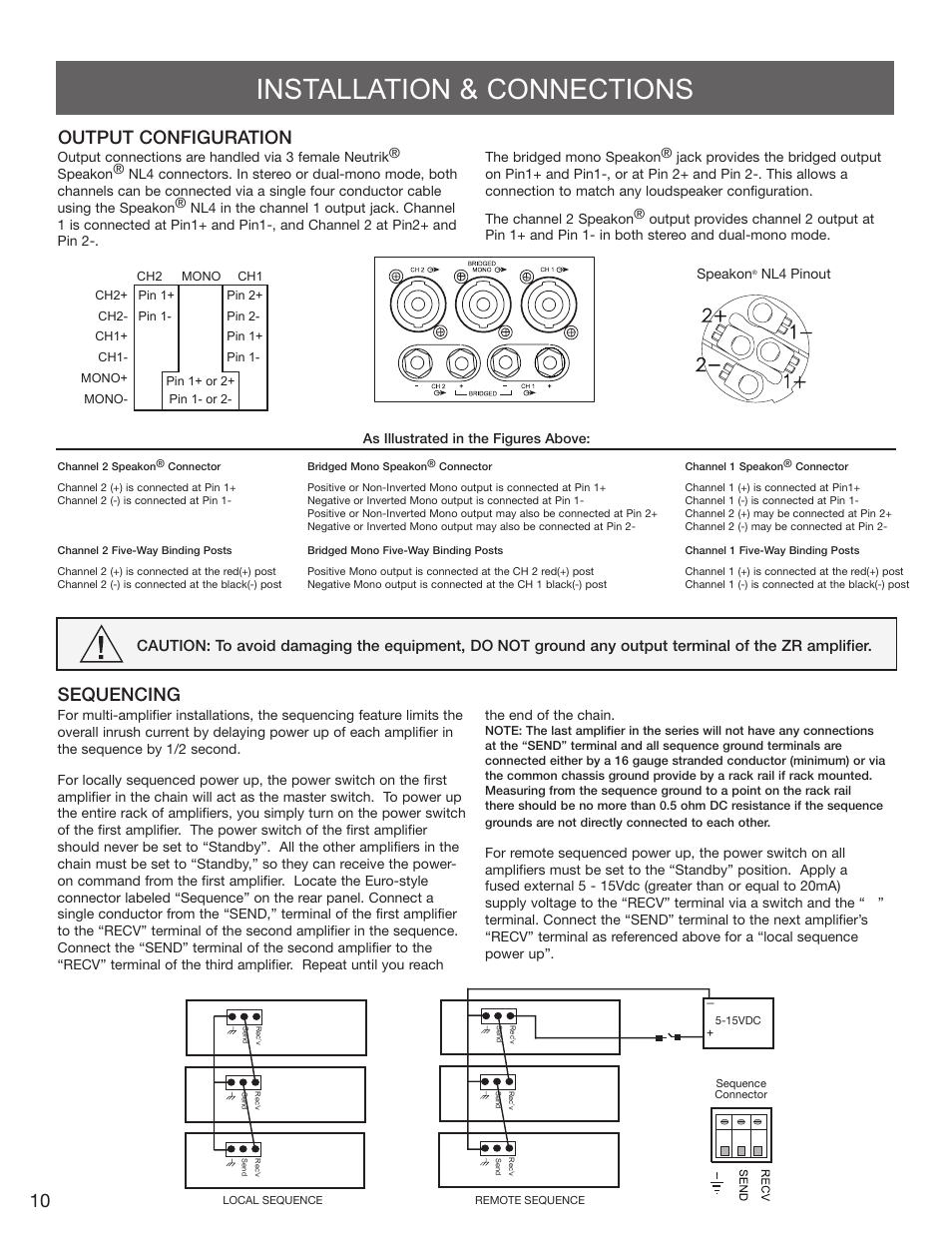 Installation & connections, Output configuration, Sequencing | Carver ZR1600 User Manual | Page 10 / 12