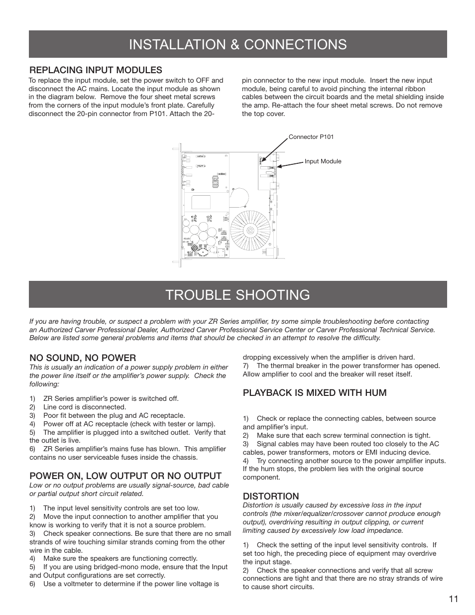 Trouble shooting, Installation & connections | Carver ZR1600 User Manual | Page 11 / 12
