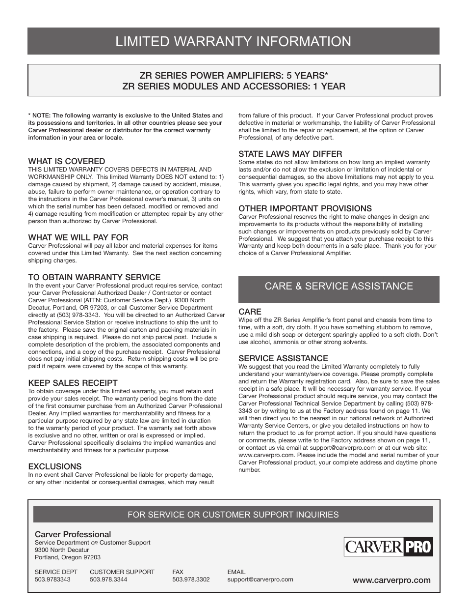 Limited warranty information, Care & service assistance | Carver ZR1600 User Manual | Page 12 / 12