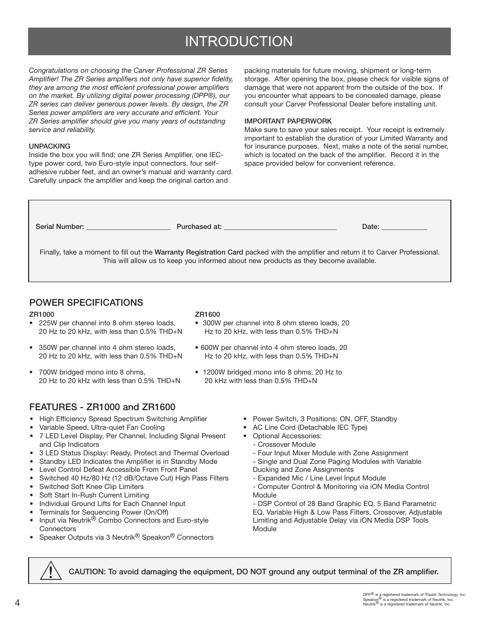 Introduction | Carver ZR1600 User Manual | Page 4 / 12