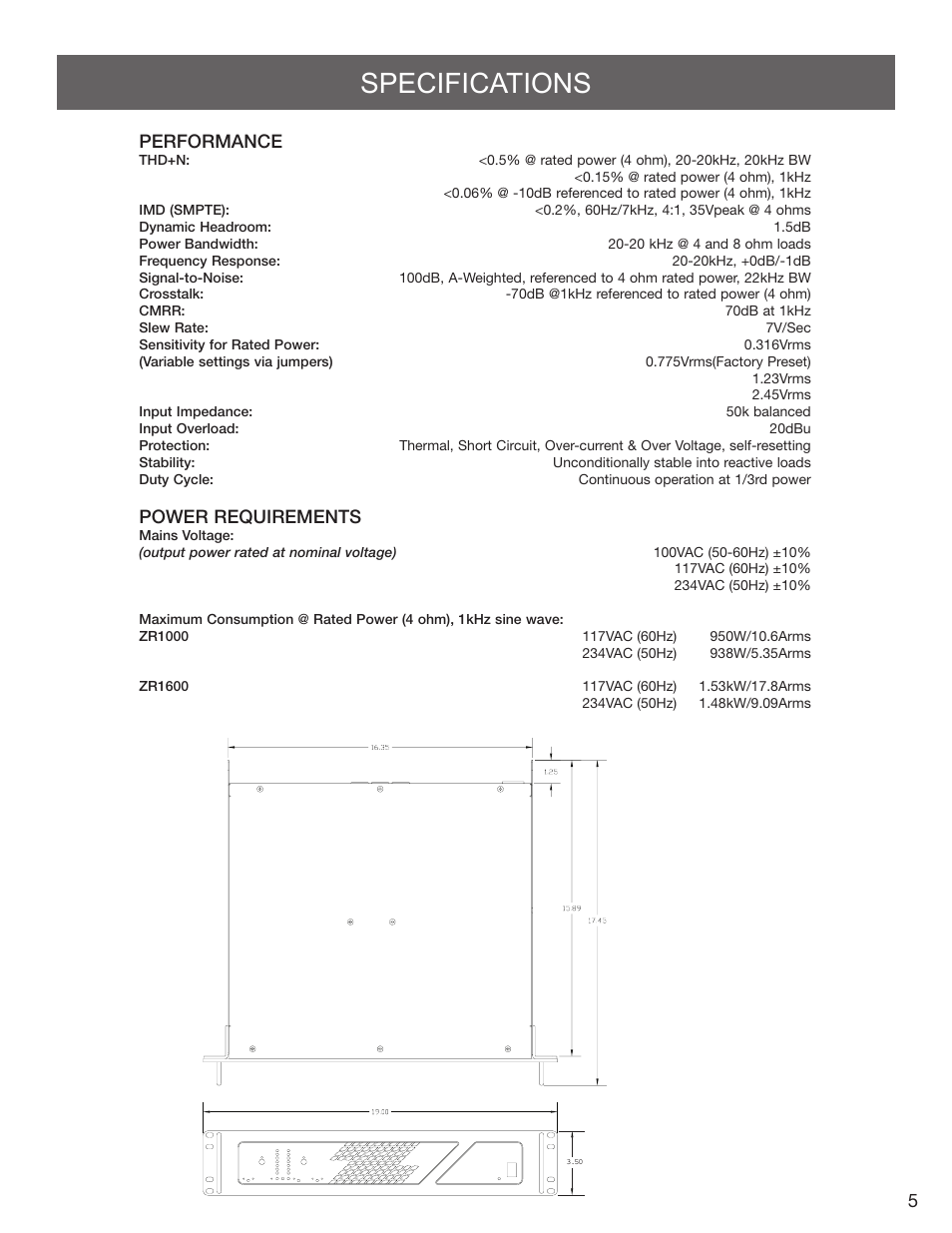 Specifications, 5performance, Power requirements | Carver ZR1600 User Manual | Page 5 / 12