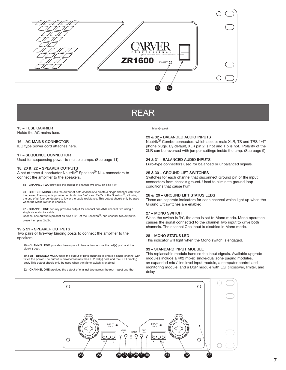 Rear, Zr1600 | Carver ZR1600 User Manual | Page 7 / 12