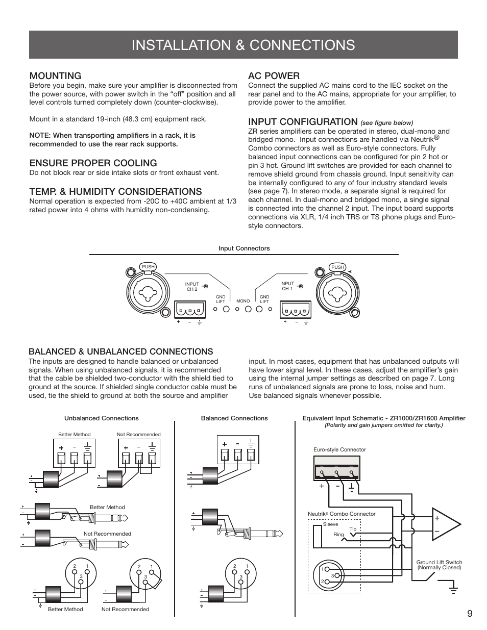 Installation & connections, 9mounting, Ensure proper cooling | Temp. & humidity considerations, Ac power, Input configuration, Balanced & unbalanced connections | Carver ZR1600 User Manual | Page 9 / 12
