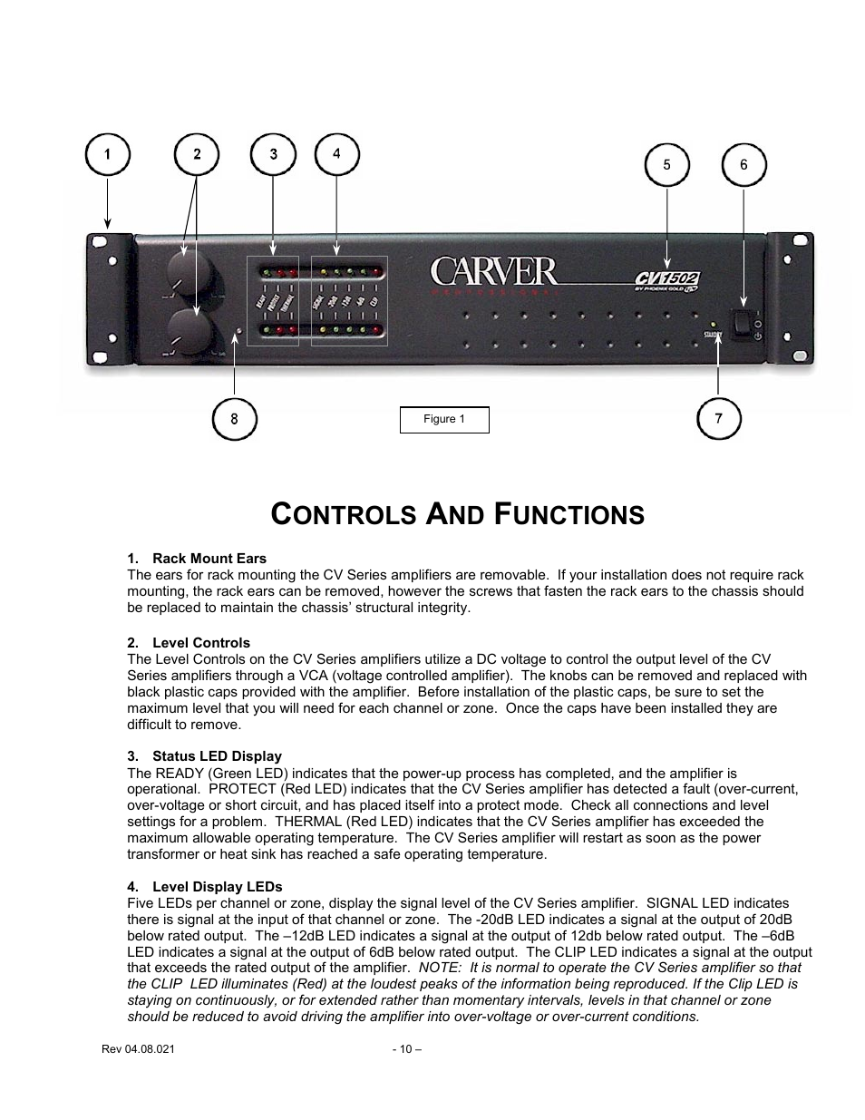 Controls and functions 10-14 rack, Mounts, Level | Controls, Status, Display, Ontrols, Unctions | Carver CV Series User Manual | Page 10 / 27