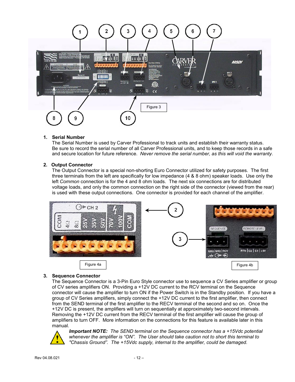 Output, Connector, Sequence | Carver CV Series User Manual | Page 12 / 27