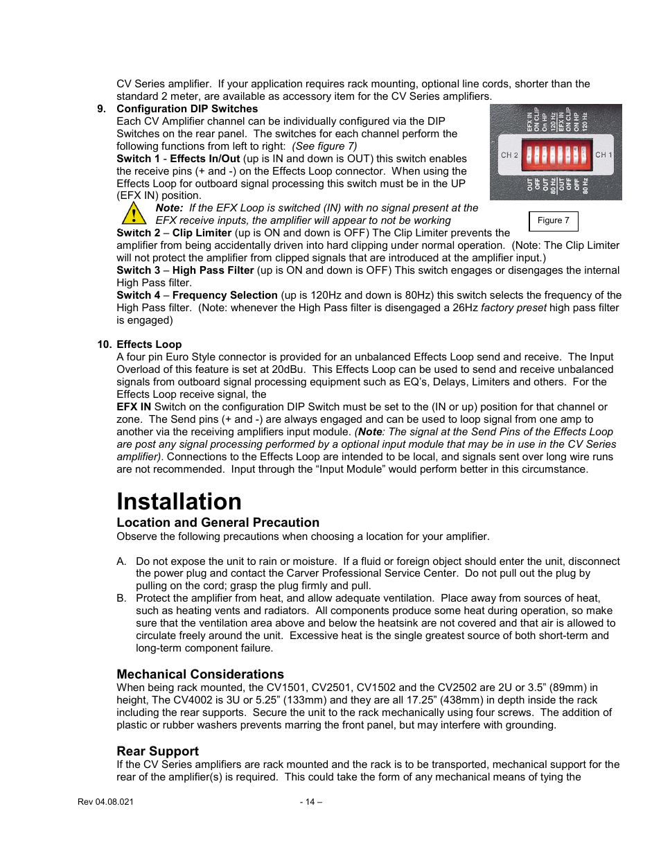 Configuration, Switch, Effects | Loop, Mechanical, Considerations, Rear, Support, Installation | Carver CV Series User Manual | Page 14 / 27