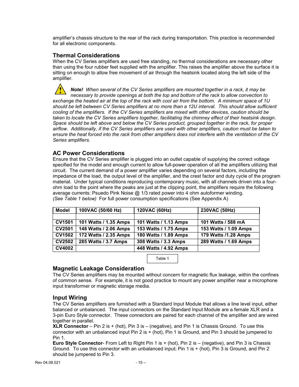 Thermal, Considerations, Power | Magnetic, Leakage, Input, Wiring | Carver CV Series User Manual | Page 15 / 27