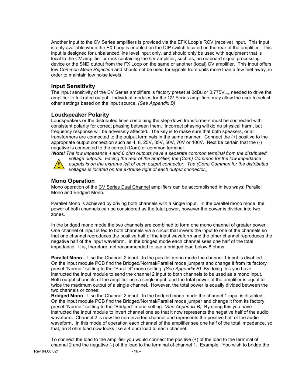 Input, Sensitivity, Loudspeaker | Polarity, Mono, Operation, Input sensitivity, Loudspeaker polarity, Mono operation | Carver CV Series User Manual | Page 16 / 27