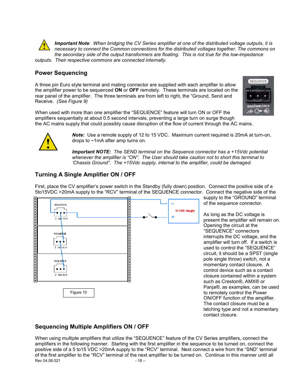 Power sequencing, Turning a single amplifier on / off, Sequencing multiple amplifiers on / off | Power, Sequencing | Carver CV Series User Manual | Page 18 / 27