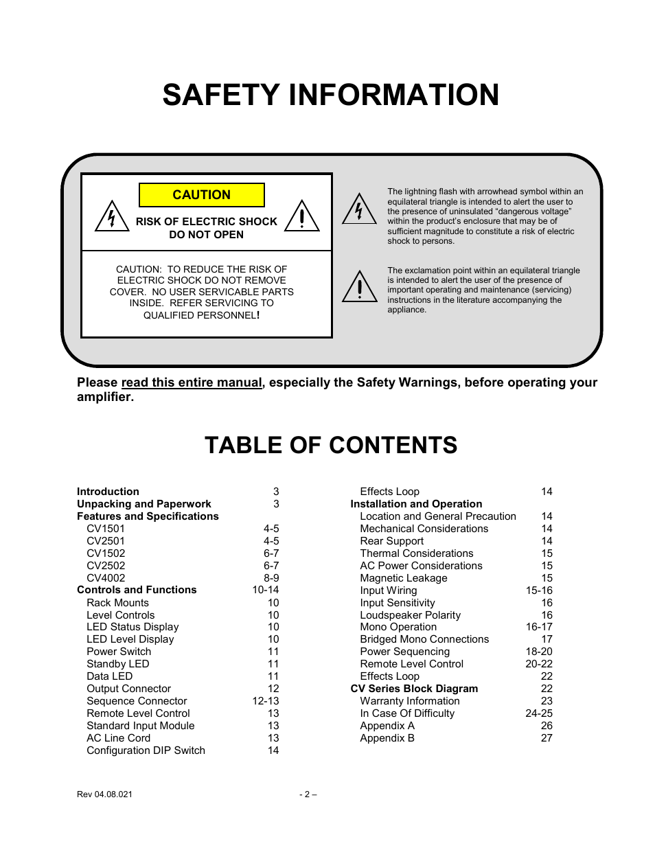 Carver CV Series User Manual | Page 2 / 27