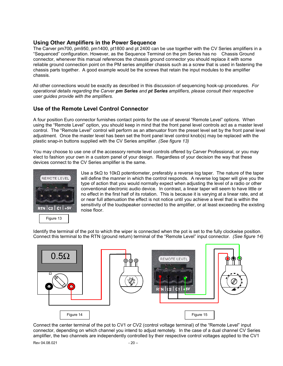 Remote, Level, Control | Carver CV Series User Manual | Page 20 / 27