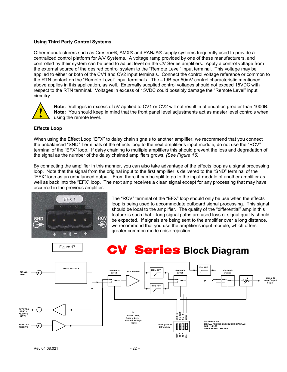Effects, Loop, Cv series block diagram 22 | Cv series, Block diagram | Carver CV Series User Manual | Page 22 / 27