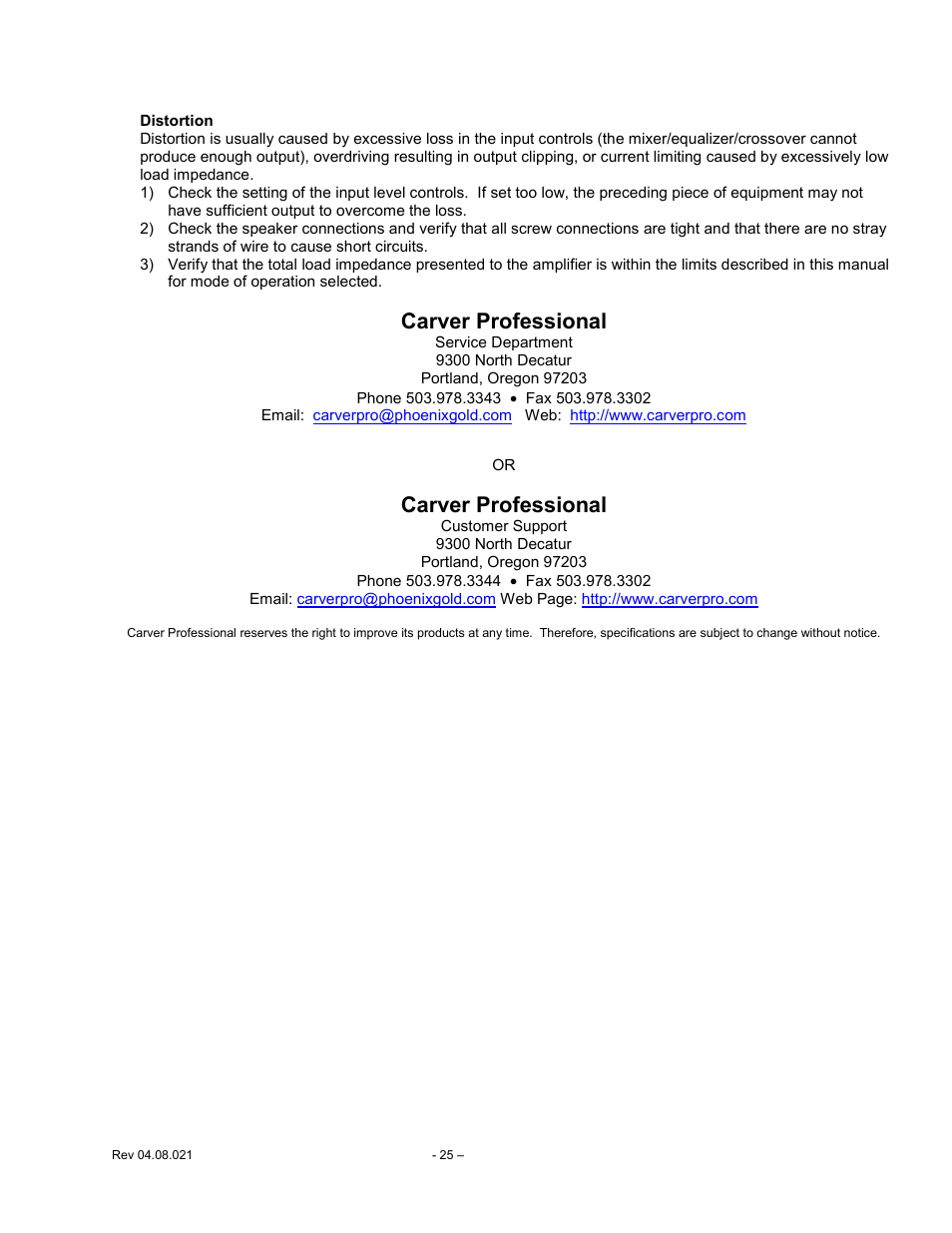 Distortion, Carver professional | Carver CV Series User Manual | Page 25 / 27