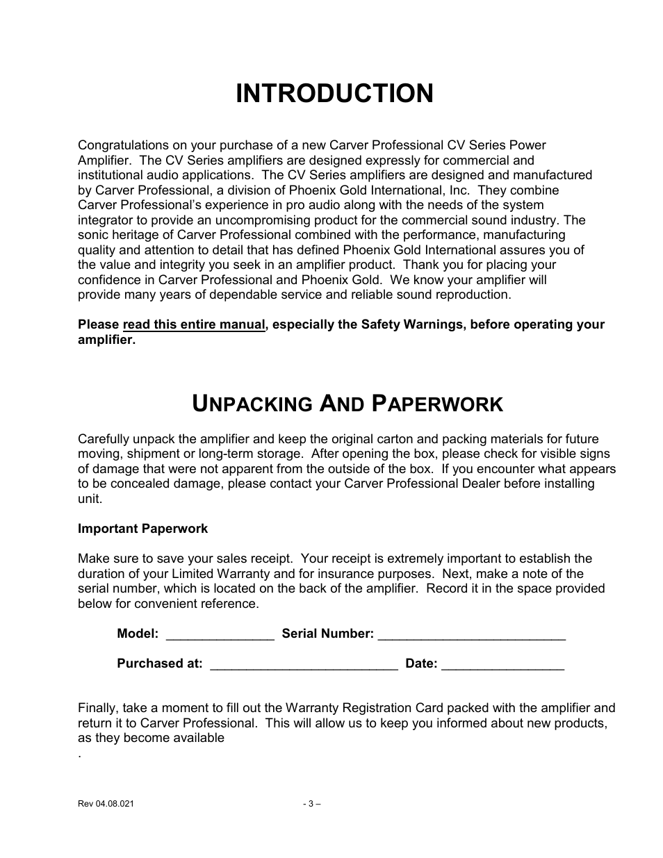 Unpacking and paperwork, Important paperwork, Introduction 3 | Introduction, Npacking, Aperwork | Carver CV Series User Manual | Page 3 / 27