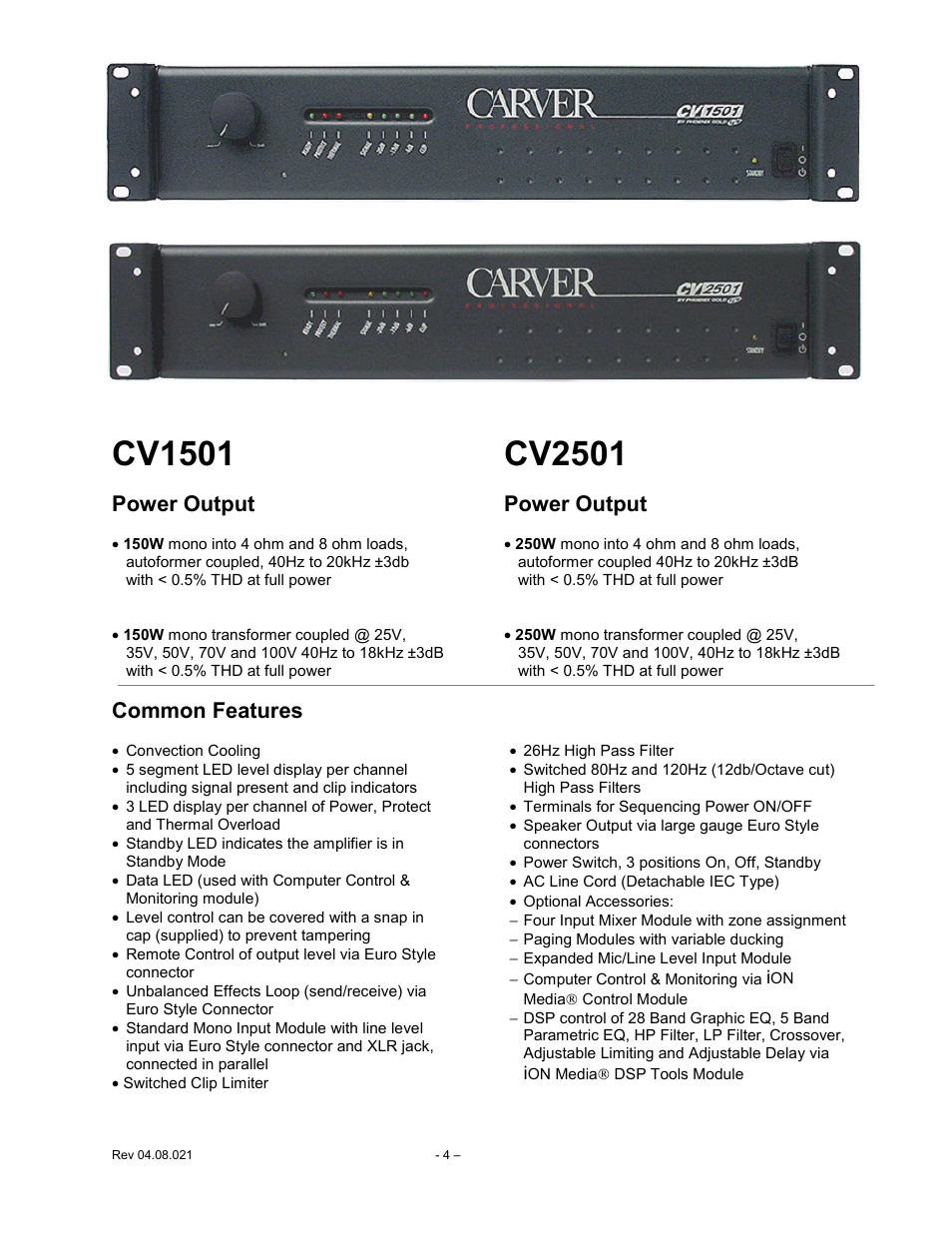 Cv1501 cv2501, Features and specifications cv1501, Cv2501 | Power output, Common features | Carver CV Series User Manual | Page 4 / 27