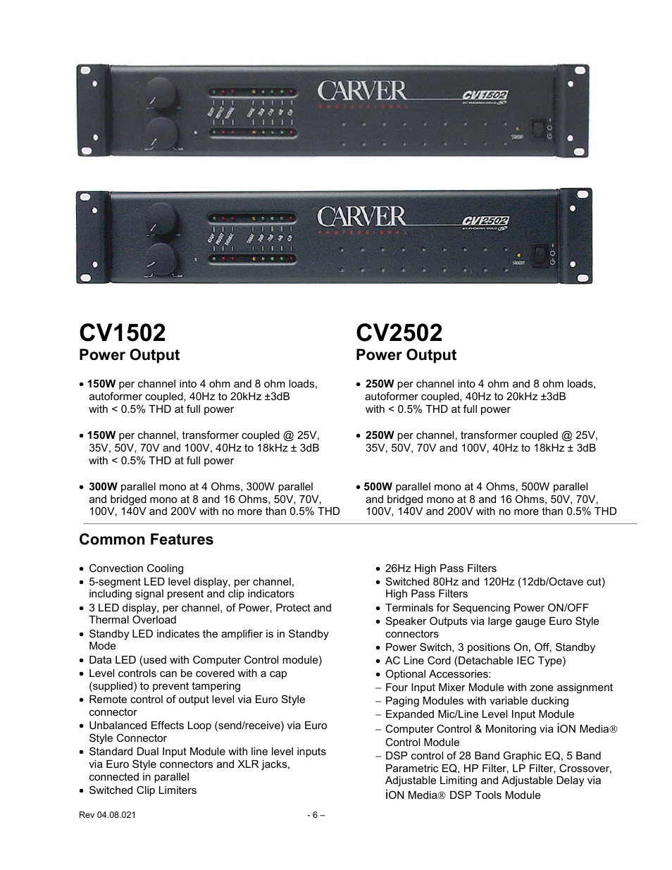 Cv1502 cv2502, Cv1502, Cv2502 | Power output power output, Common features | Carver CV Series User Manual | Page 6 / 27