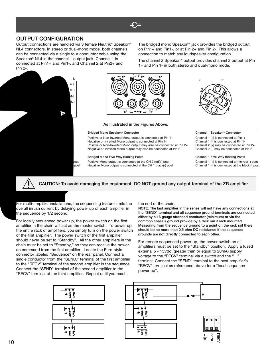 Installation & connections, Output configuration, Sequencing | Carver ZR1000 User Manual | Page 10 / 12