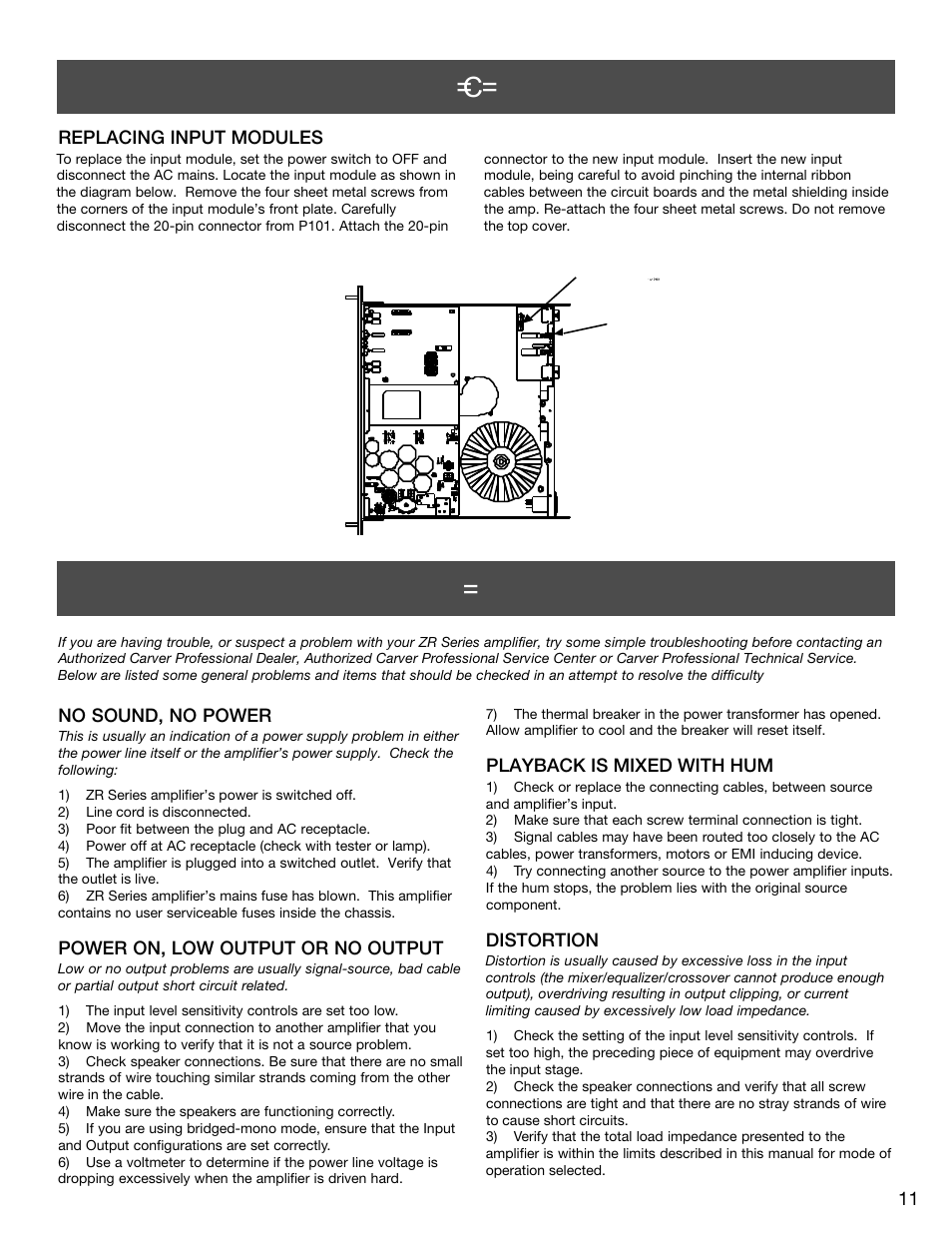 Trouble shooting, Installation & connections | Carver ZR1000 User Manual | Page 11 / 12