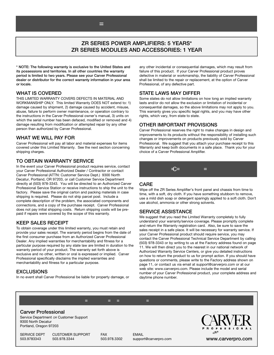 Limited warranty information, Care & service assistance | Carver ZR1000 User Manual | Page 12 / 12