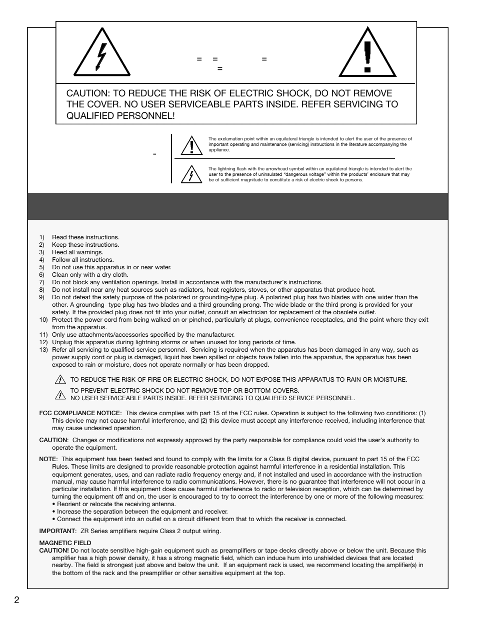 Caution, Important safety instructions | Carver ZR1000 User Manual | Page 2 / 12