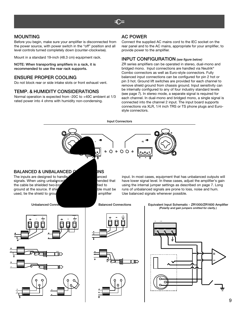 Installation & connections, 9mounting, Ensure proper cooling | Temp. & humidity considerations, Ac power, Input configuration, Balanced & unbalanced connections | Carver ZR1000 User Manual | Page 9 / 12