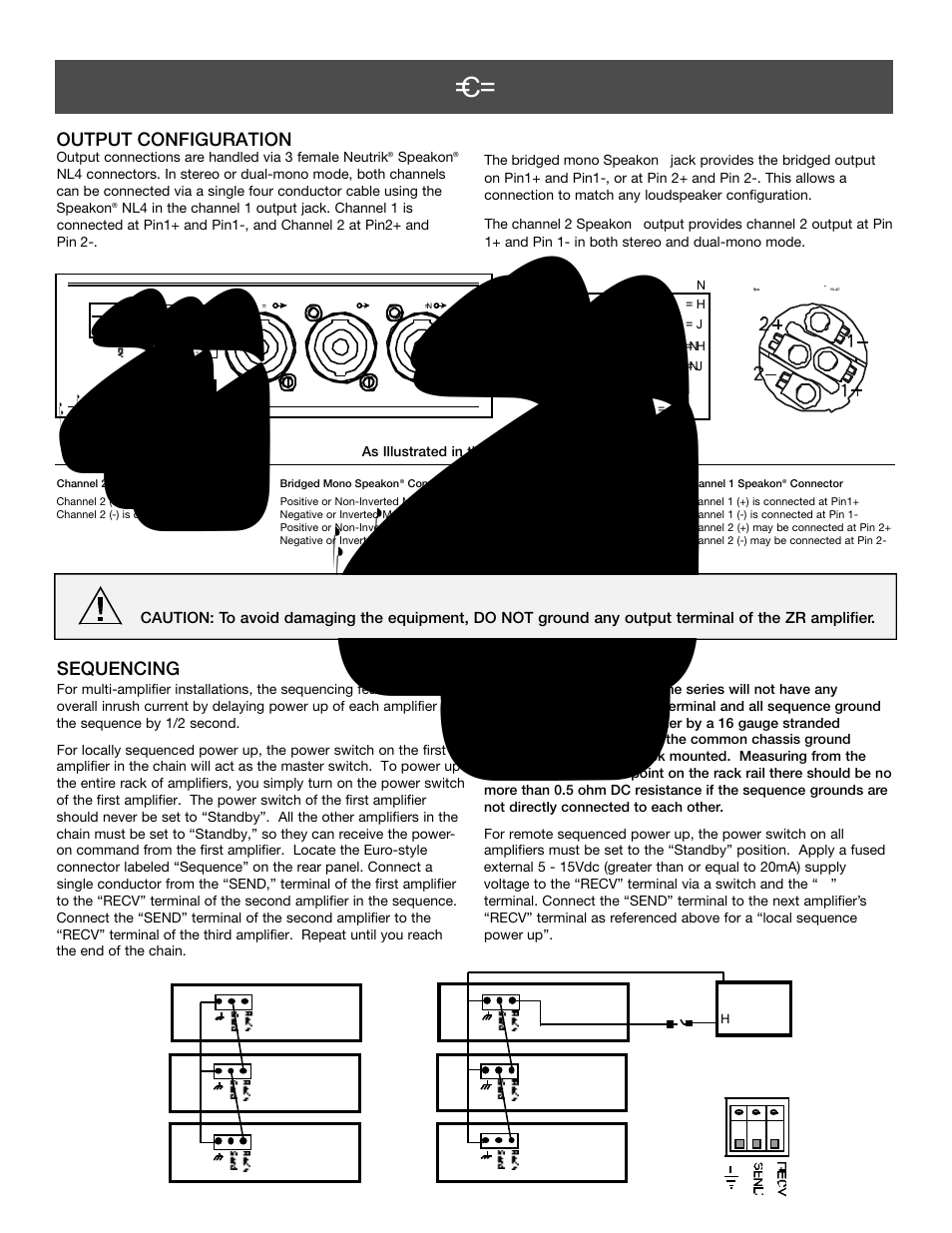 Installation & connections, Output configuration sequencing, Speakon | As illustrated in the figures above | Carver ZR500 User Manual | Page 10 / 12