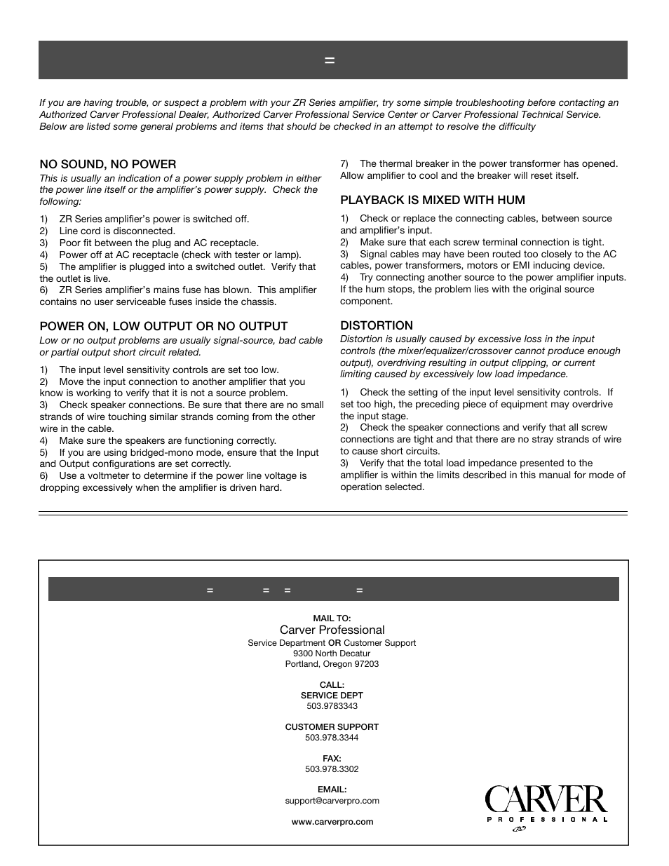 Trouble shooting | Carver ZR500 User Manual | Page 12 / 12