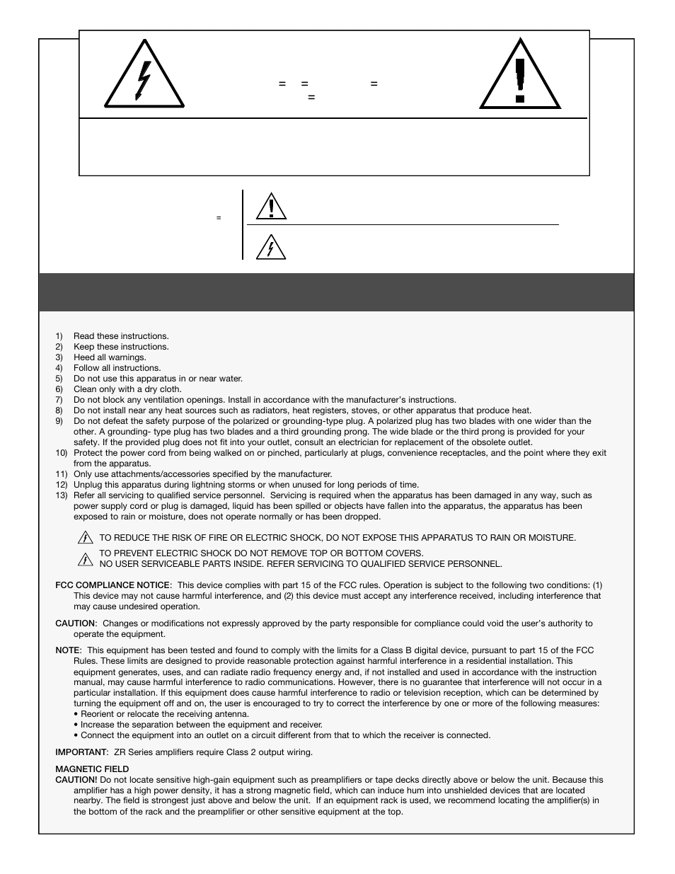 Caution, Important safety instructions | Carver ZR500 User Manual | Page 2 / 12