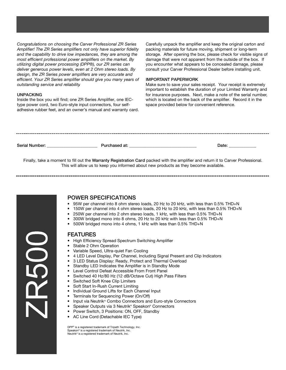 Introduction, Power specifications, Features | Carver ZR500 User Manual | Page 4 / 12