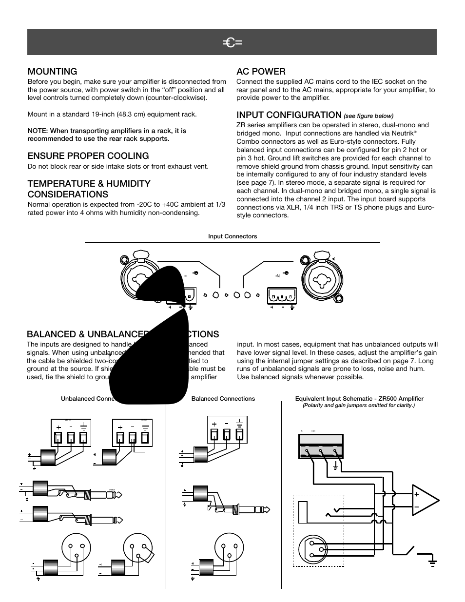 Installation & connections, 9mounting, Ensure proper cooling | Temperature & humidity considerations, Ac power, Input configuration, Balanced & unbalanced connections | Carver ZR500 User Manual | Page 9 / 12