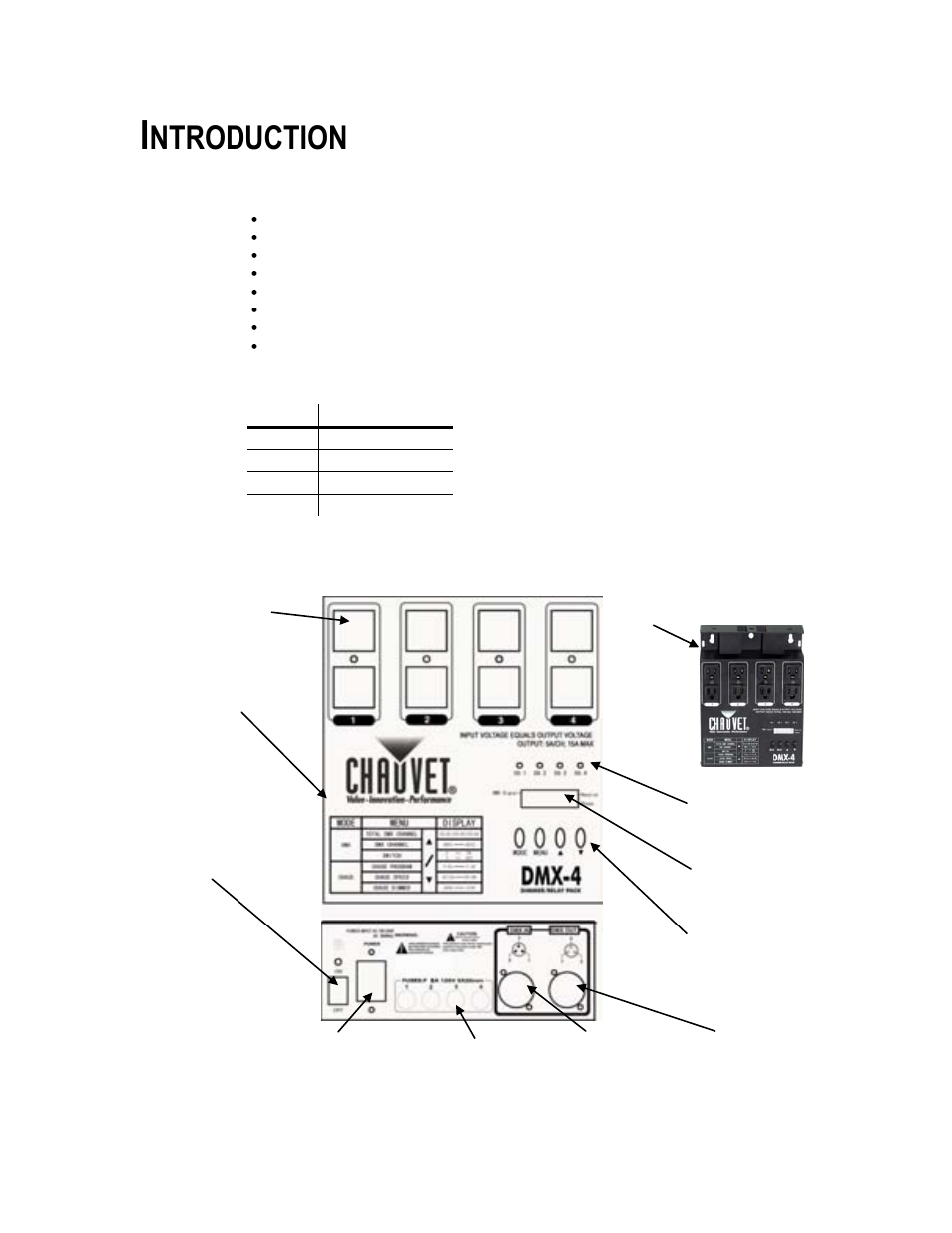 Ntroduction, Features, Dmx channel summary | Product overview | Chauvet DMX-4 User Manual | Page 4 / 11