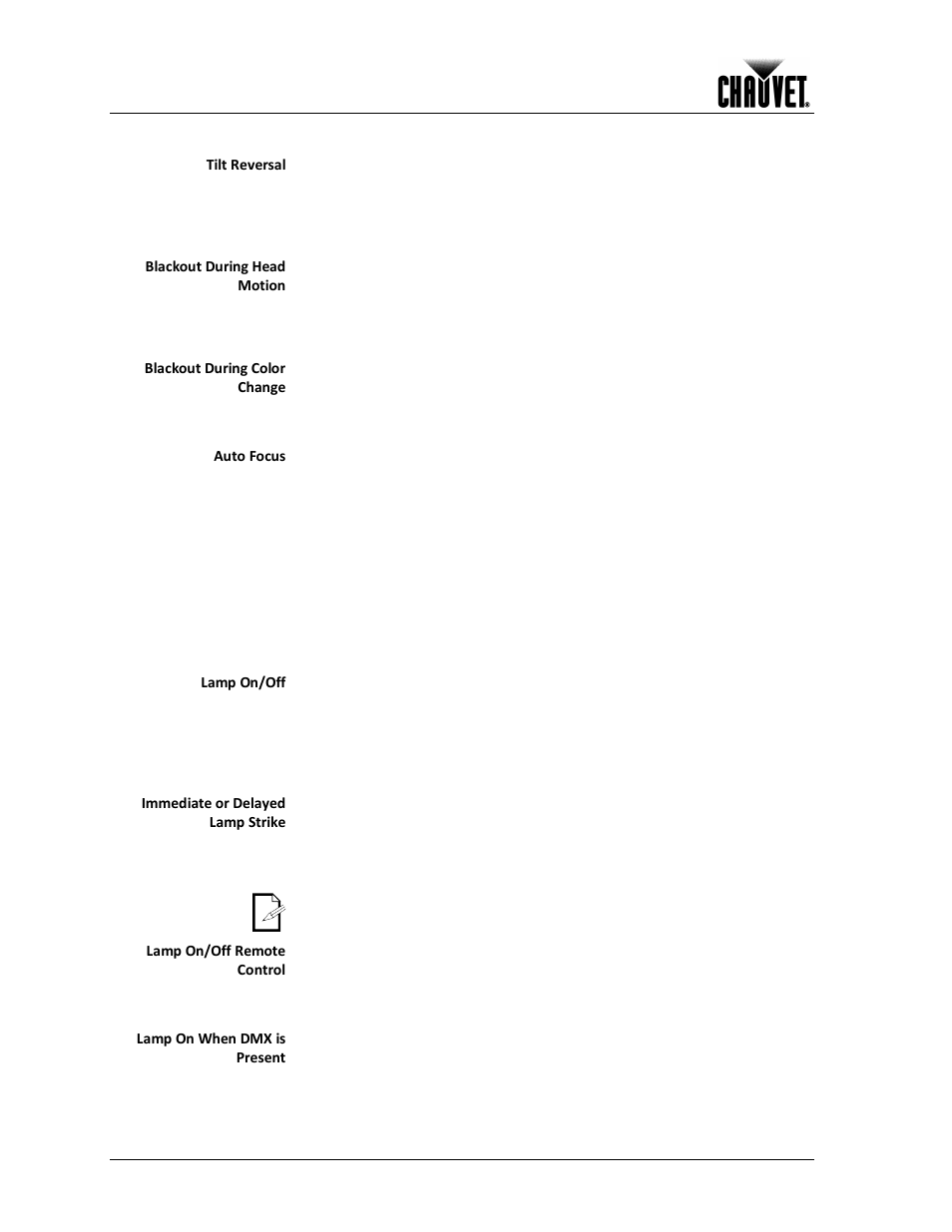 Lamp settings, Operation, Tilt reversal | Blackout during head motion, Blackout during color change, Auto focus, Lamp on/off, Immediate or delayed lamp strike, Lamp on/off remote control, Lamp on when dmx is present | Chauvet 1200E User Manual | Page 20 / 36