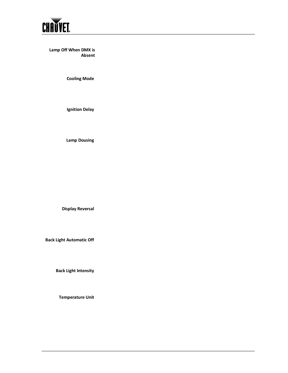 Display settings, Operation, Lamp off when dmx is absent | Cooling mode, Ignition delay, Lamp dousing, Display reversal, Back light automatic off, Back light intensity, Temperature unit | Chauvet 1200E User Manual | Page 21 / 36