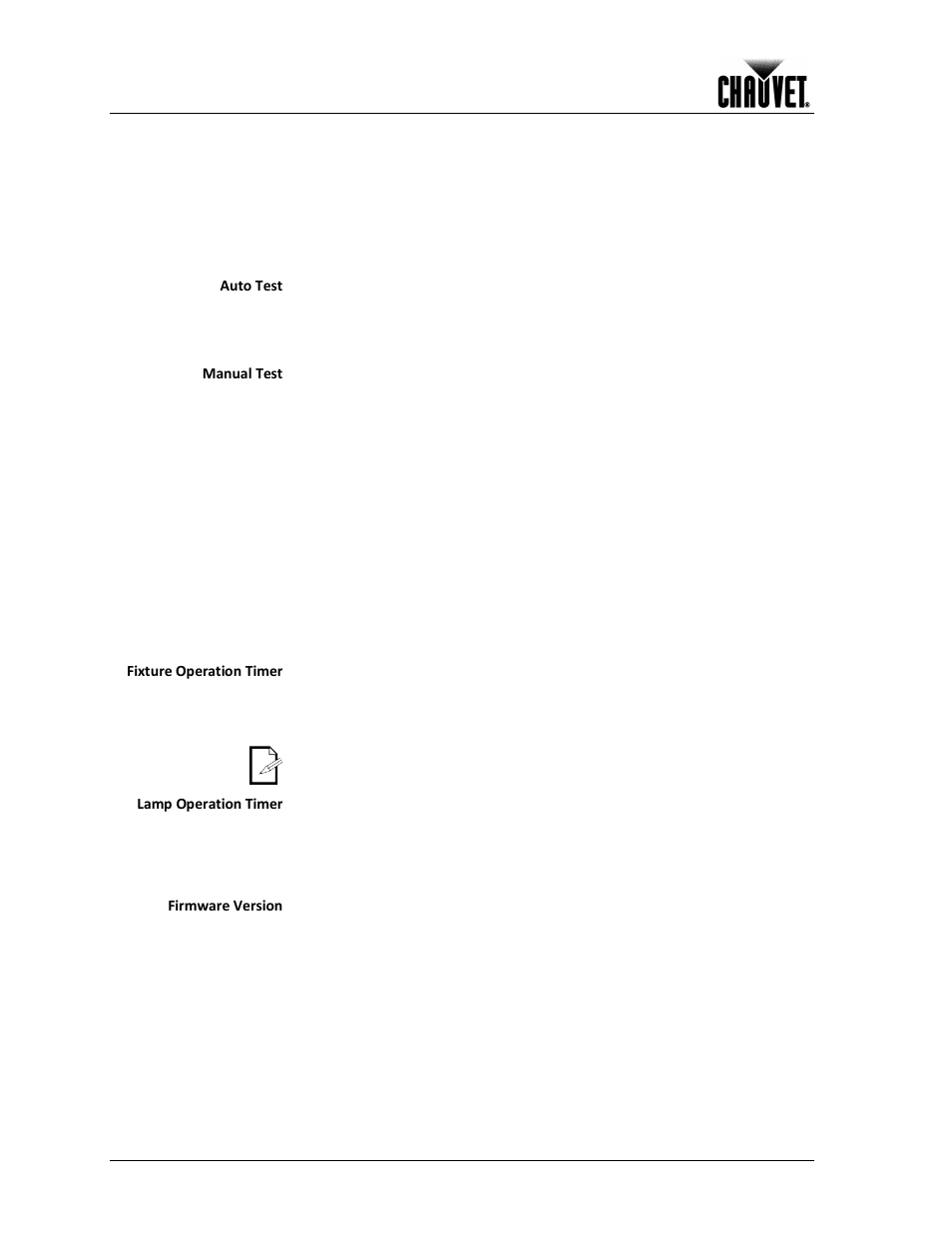 Fixture tests, Fixture information, Fixture reset | Operation, Auto test, Manual test, Fixture operation timer, Lamp operation timer, Firmware version | Chauvet 1200E User Manual | Page 22 / 36