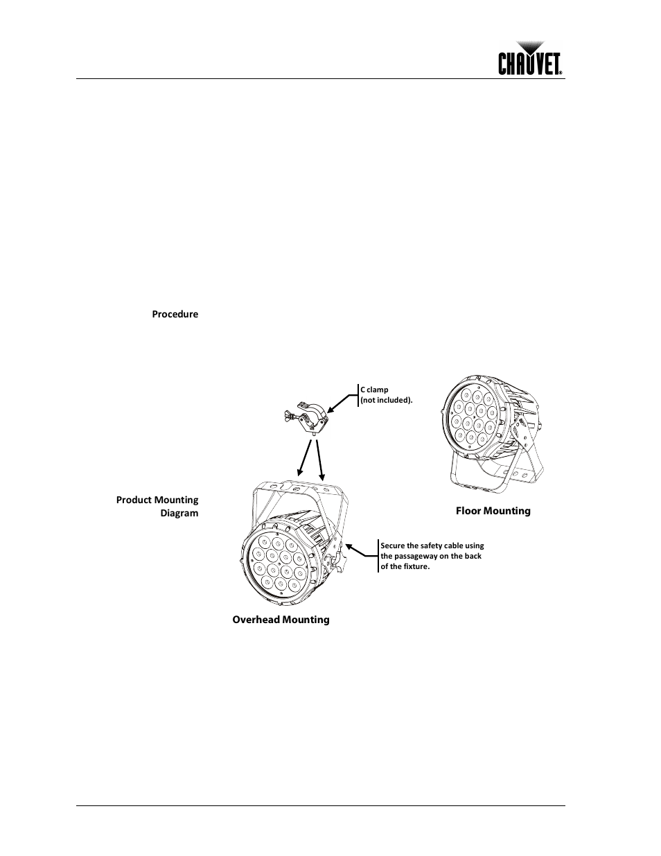 Mounting, Orientation, Rigging | Setup, Procedure, Product mounting diagram, Floor mounting overhead mounting | Chauvet COLORADO 1-TRI IP User Manual | Page 12 / 28